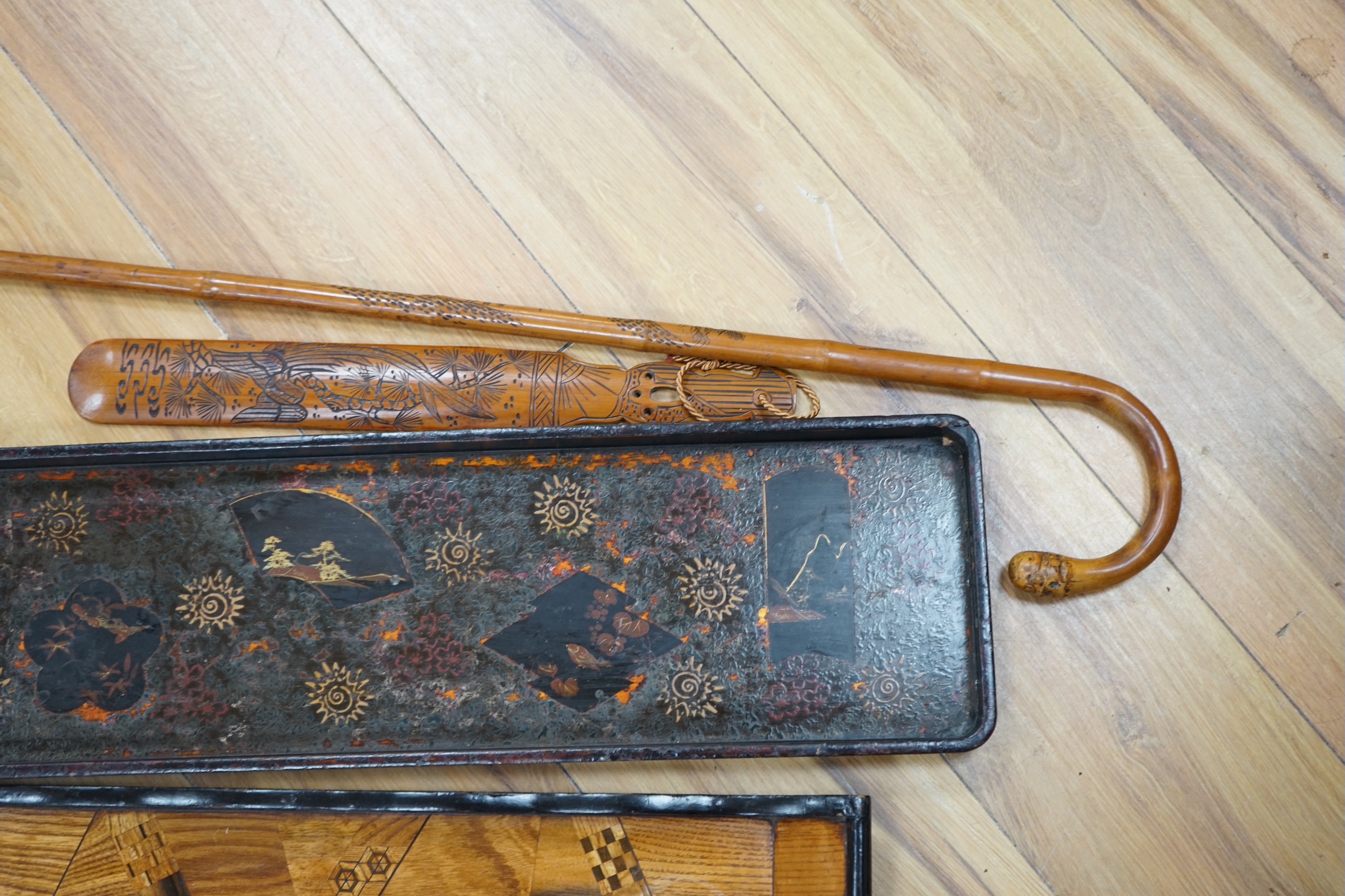 Two Japanese trays, page turner walking stick